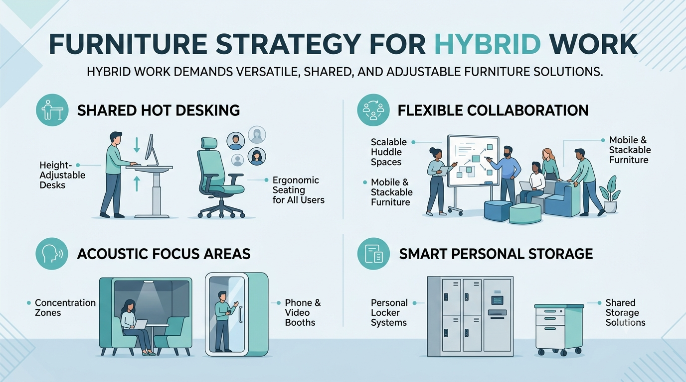 Workplace design infographic showing hybrid office furniture strategies with shared desks, ergonomic chairs, focus booths, collaborative spaces, and storage systems.