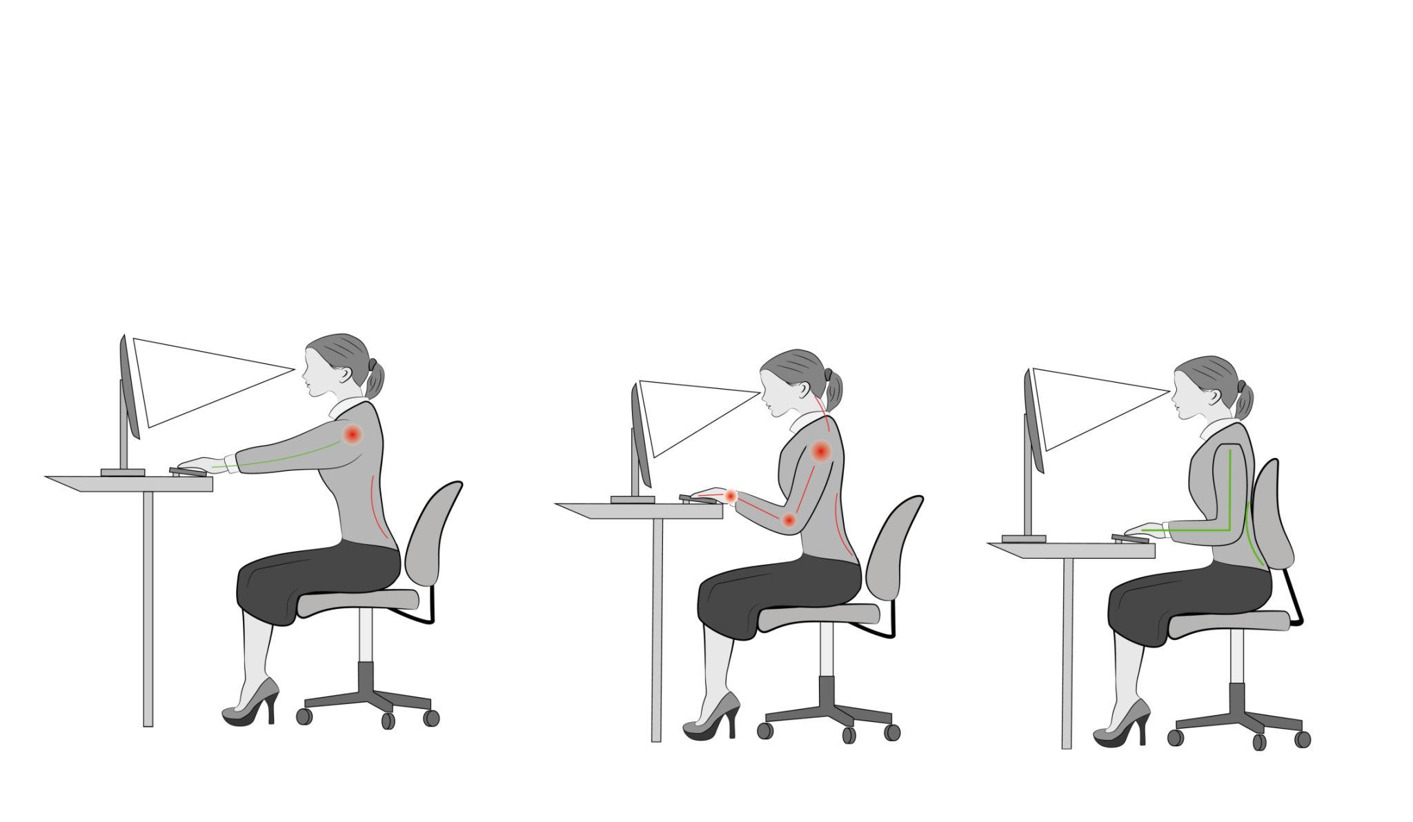 Illustration comparing leaning forward, neutral, and backward sitting postures