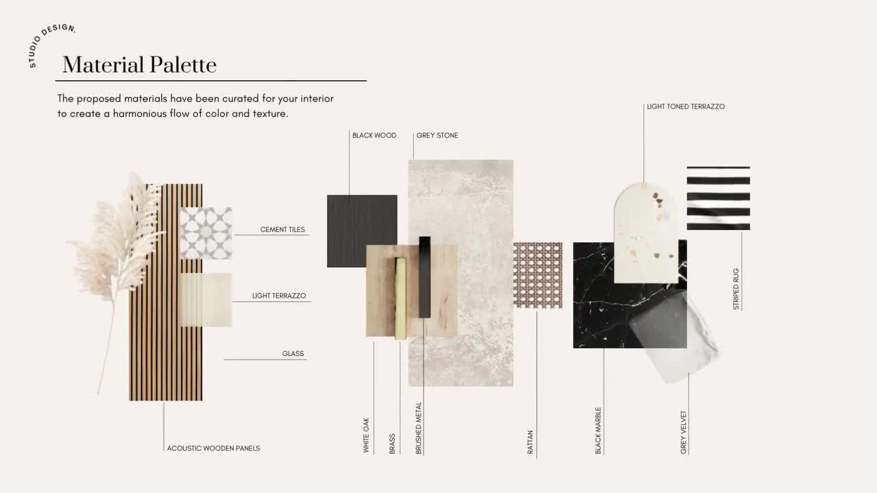 Interior design material palette board with textures and finishes