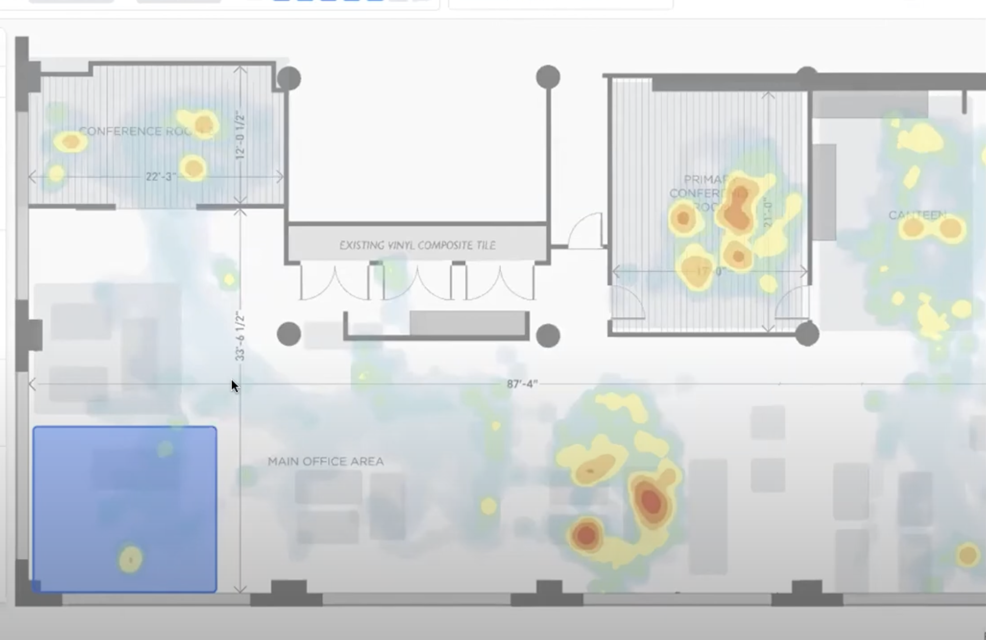 Office floor plan heatmap showing high traffic areas and underutilized zones during a utilization study